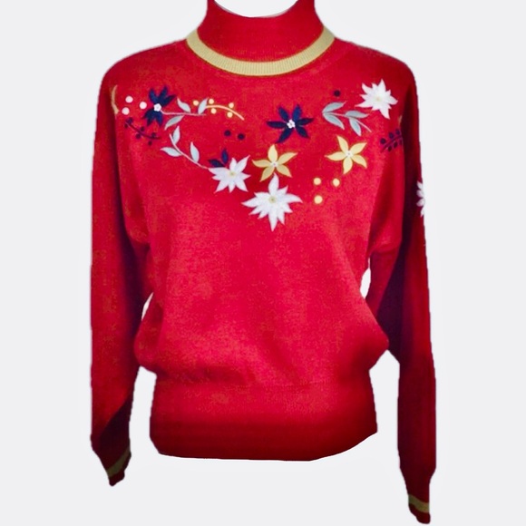 Obermeyer Vintage Floral Embroidered 80’s Wool Blend Turtleneck Ski Sweater Med - Picture 2 of 14